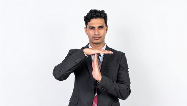 A serious young businessman using his hands to make a strict timeout sign, indicating a necessary break, isolated on white.