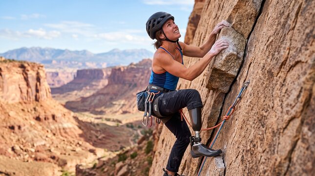 Athlete with Disability Climbing Rock Wall Determined Expression