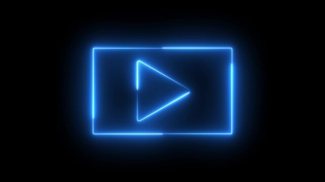 Glowing neon blue color play button sign icon animation music audio video media player icon on black background	