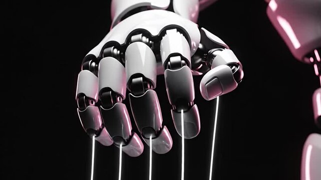 Robotic hand controlling marionette strings.