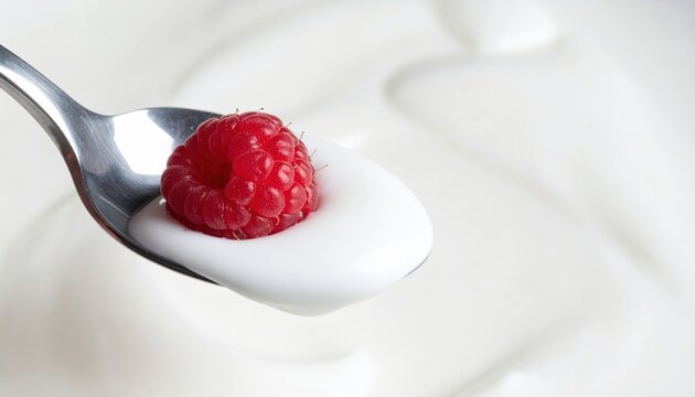 A silver spoon scooping thick white yogurt with a falling raspberry