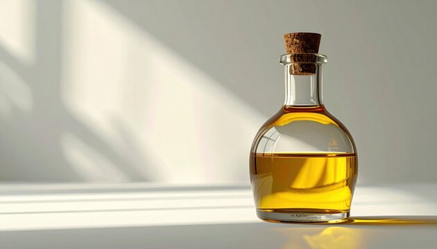 A clean commercial shot of a clear glass oil bottle with a cork stopper