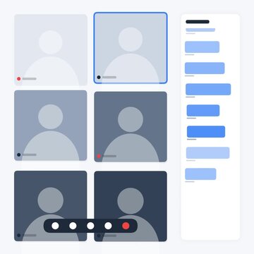 Video meeting interface animation with chat sidebar and user avatar grid for business