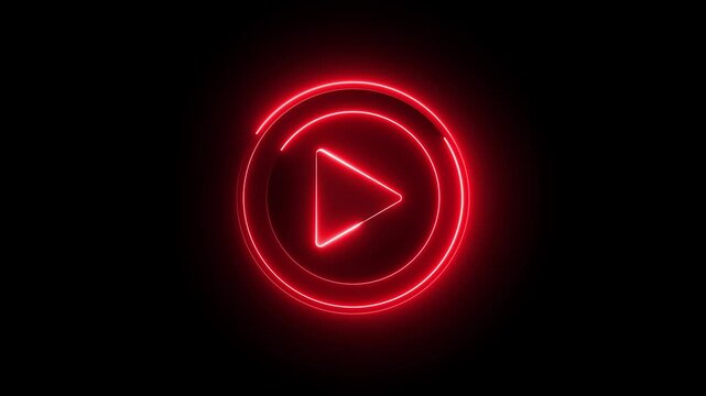 Glowing neon red color play button sign icon animation music audio video media player icon on black background	