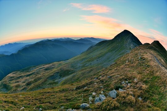 View of Mount Cusna on the ridge of the Tuscan Emilian Apennine Park, Reggio Emilia, Italy                 
