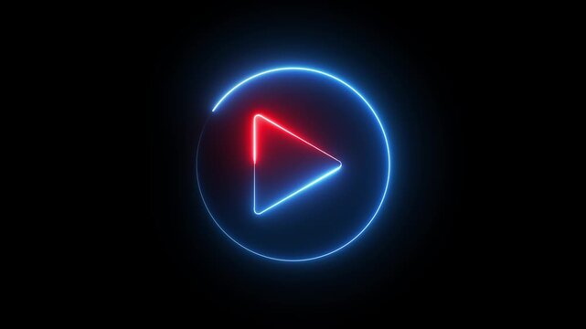 Glowing neon red and blue color play button sign icon animation music audio video media player icon on black background	