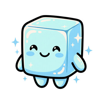 Cute Ice Cube Character: A charming, kawaii-style ice cube character with a cheerful smile and twinkling stars around it. Perfect for adding a touch of cuteness to any design.