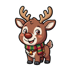 Fototapeta premium Adorable Christmas Reindeer Character: A cute and friendly cartoon reindeer, adorned with a festive scarf and bell, stands proudly with its majestic antlers, radiating holiday cheer and warmth.
