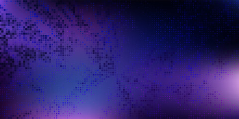 Purple abstract pixel texture bg video screen. Tv pattern background with square noise effect. Futuristic broadcast neon gradient banner for television. Modern vhs led static display element © Qiana