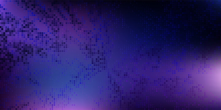 Purple abstract pixel texture bg video screen. Tv pattern background with square noise effect. Futuristic broadcast neon gradient banner for television. Modern vhs led static display element