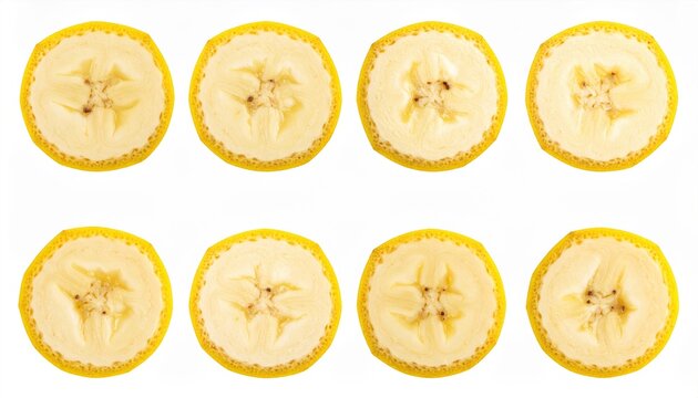 Set or collection of various fresh ripe banana slices on white background, isolated fruit elements, high resolution.
