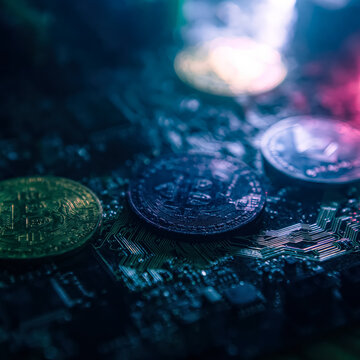 Digital coins placed on a circuit board with colorful neon lights. Premium flat lay photography. Suitable for financial technology, blockchain, and cryptocurrency themed projects.