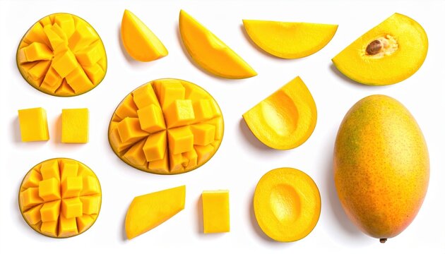 Collection mango fruit slices: A neat commercial layout of various fresh yellow mango slices and cubes, isolated on white.