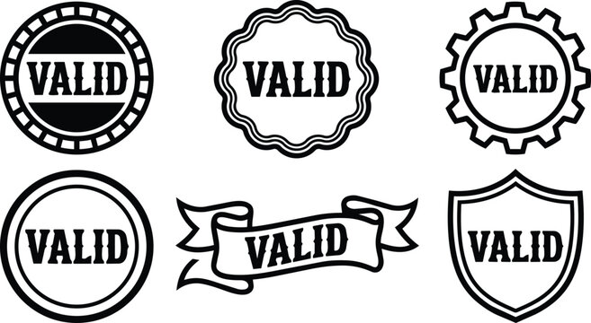 Black and white vintage valid stamp icons with ribbon badge shield and gear shapes