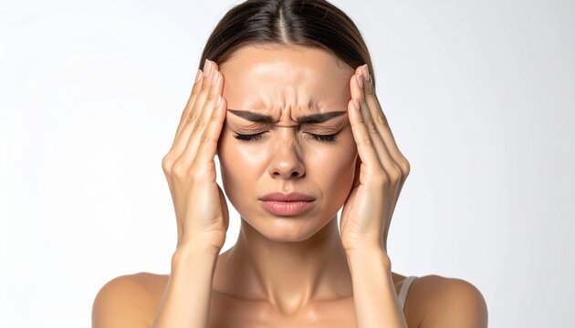 A portrait of a woman in distress, holding both temples with her hands and squinting her eyes from a painful tension headache, isolated on a seamless white background.