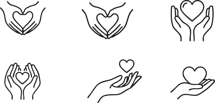 Black line of hands holding hearts in various positions minimalistic black and white