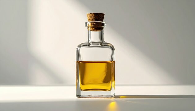 A clean commercial shot of a clear glass oil bottle with a cork stopper seal top