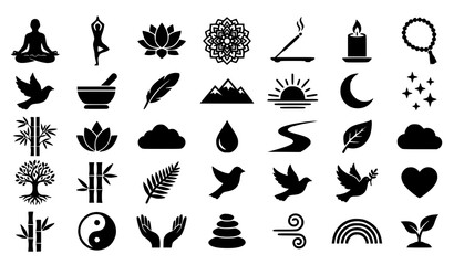 Black and white mindfulness meditation and nature silhouette icon set with yoga lotus spiritual and wellness symbols isolated on white background © Jahangir