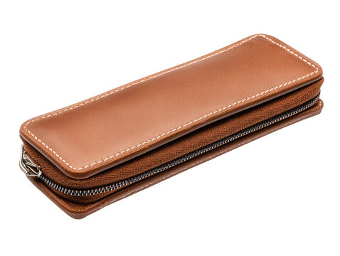 Brown leather wallet with zipper closure isolated on transparent background