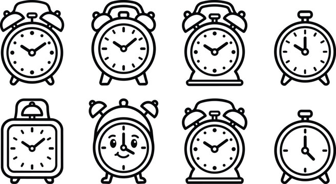Black outline alarm clock icons set with different clock faces and cartoon style