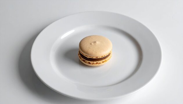 A sleek white ceramic plate holding a single perfect macaron cookie