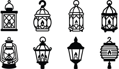 Naklejka premium Black silhouette vintage and modern lantern icons set vector art