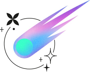 Gradient burning meteorite fly with line art rings and sparkles, vector abstract neon grainy mesh colored asteroid comet © sabelskaya