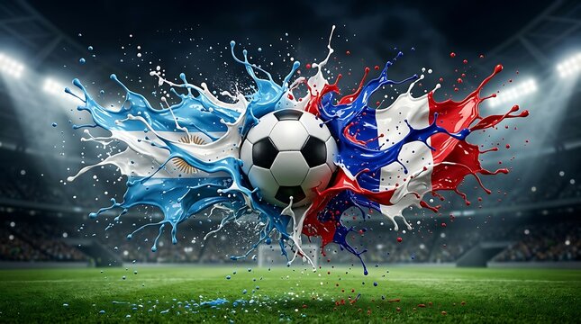 Vibrant soccer ball with argentina and france flag paint splashes in football stadium