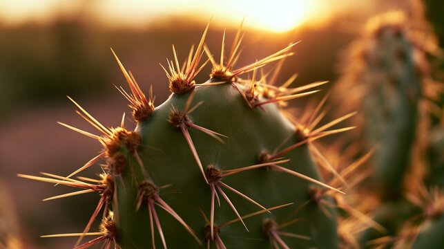 Close-up of a prickly pear cactus pad in the desert.