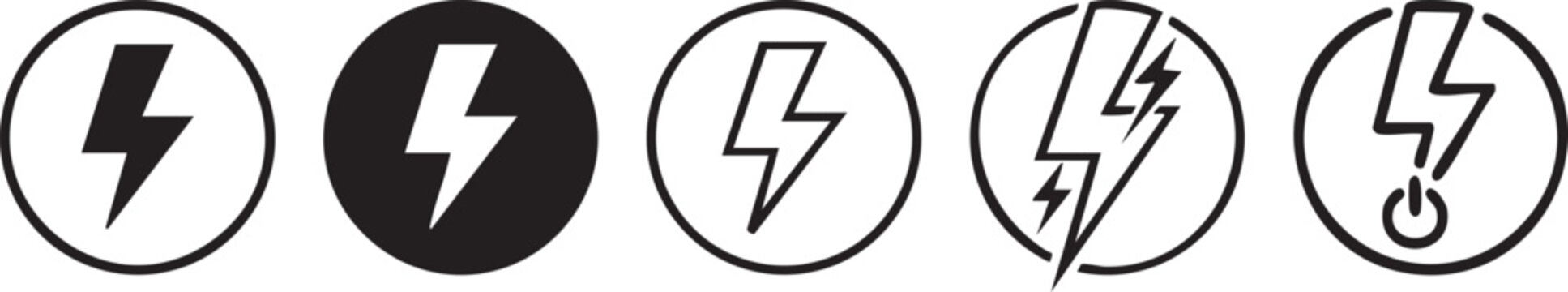 Five black and white lightning bolt in circles circular symbols electricity power