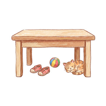 Kitten Snoozes Under Table: A charming illustration depicts a fluffy kitten napping peacefully under a wooden table, accompanied by a colorful ball and a pair of small checkered shoes.