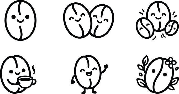 Cute black line art coffee beans characters in happy poses