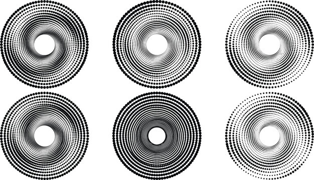 Abstract geometric circular spiral vector set featuring blue halftone dot patterns and swirling vortex designs for modern backgrounds, tech layouts, and optical art