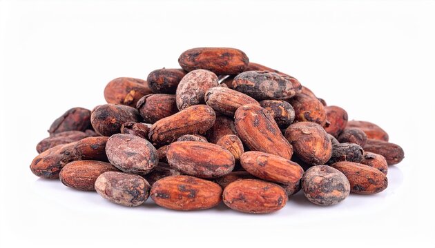 Raw cocoa isolated: A small pile of organic raw cocoa beans, studio product shot isolated on white.