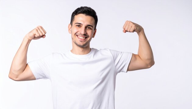 A proud and confident young man smiling brightly while flexing his arm to show his strong biceps muscle, isolated on white.