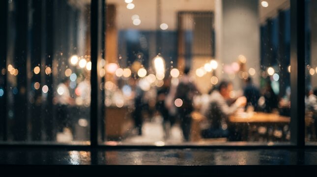Blurred cafe window with rain drops at night, out of focus restaurant interior with warm bokeh lights, cozy coffee shop background