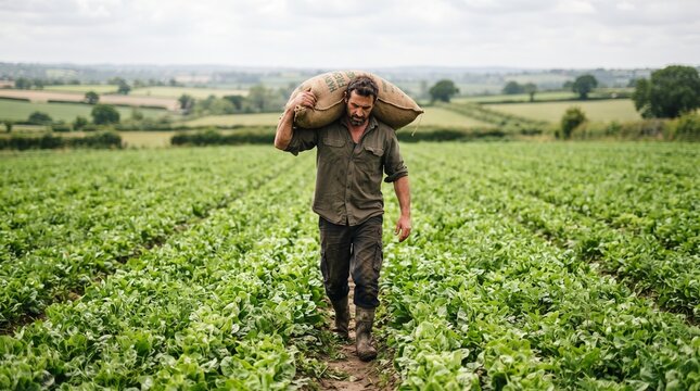 Commercial eye-level agricultural photography of a hard-working male farmer carrying a heavy jute sack filled with fresh harvest on his shoulders across a green cultivated field &ndash; premium organic agri