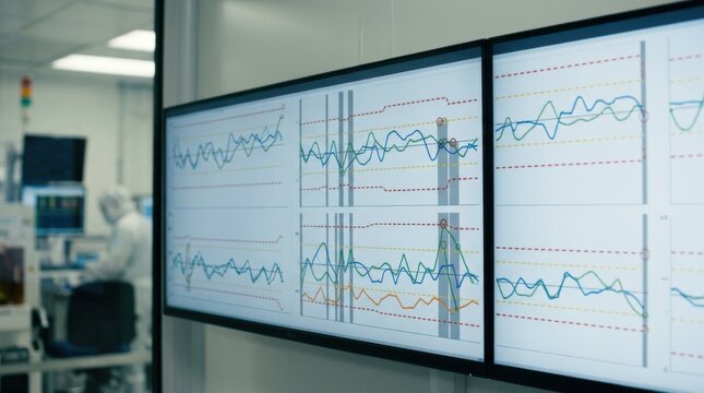 Medium shot focusing on SPC charts with trend lines and statistical controls showing AIanalyzed yield and defect patterns on wide fab monitoring displays.