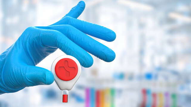 Gloved hand holding Tasso Hemolink blood collection device for at-home testing in laboratory background