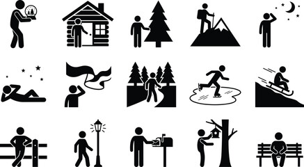Obraz premium Set of winter and outdoor activities icons, stick figure people enjoying nature, hiking, sledding, ice skating, and relaxing under stars