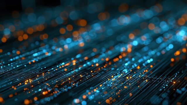 Abstract digital data stream with glowing light lines and bokeh
