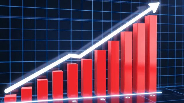 3D glowing bar chart showing business growth on a blue grid.