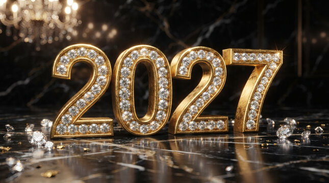 Golden 2027 New Year decoration, luxury crystal numbers, shiny gold and diamond details