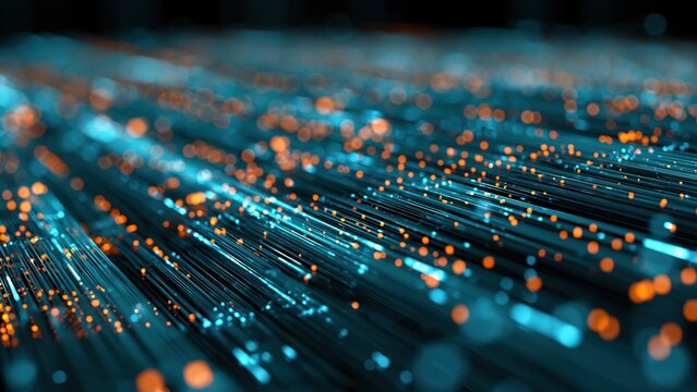 Abstract digital data stream with glowing fiber optic lines