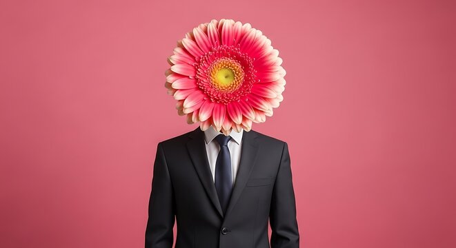 Man in business suit with pink flower head on pink background