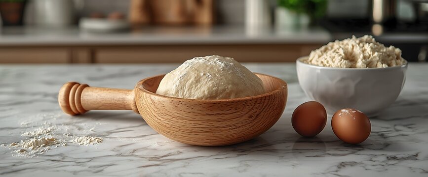 Kitchen dough bowl, flour, eggs, marble countertop