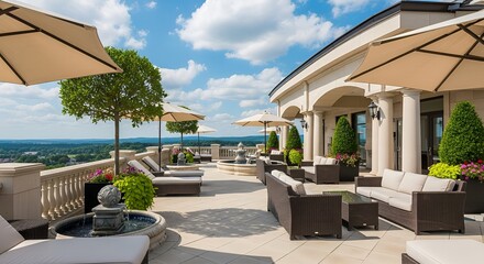 Fototapeta premium Luxury Rooftop Terrace with Elegant Outdoor Seating and Scenic View
