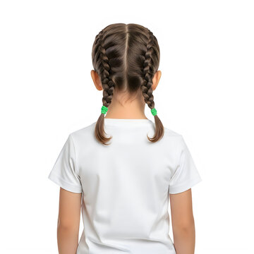 Rear back view portrait of a young brunette schoolgirl with double braided pigtails hairstyle isolated on white background