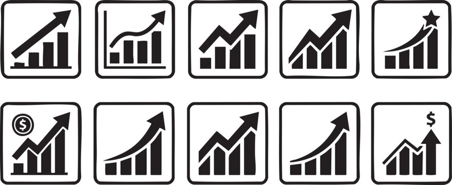 Ten black bar chart graph growth symbols business finance