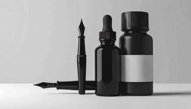 A sleek black ink bottle standing next to a calligraphy pen nib staff handle tube pack